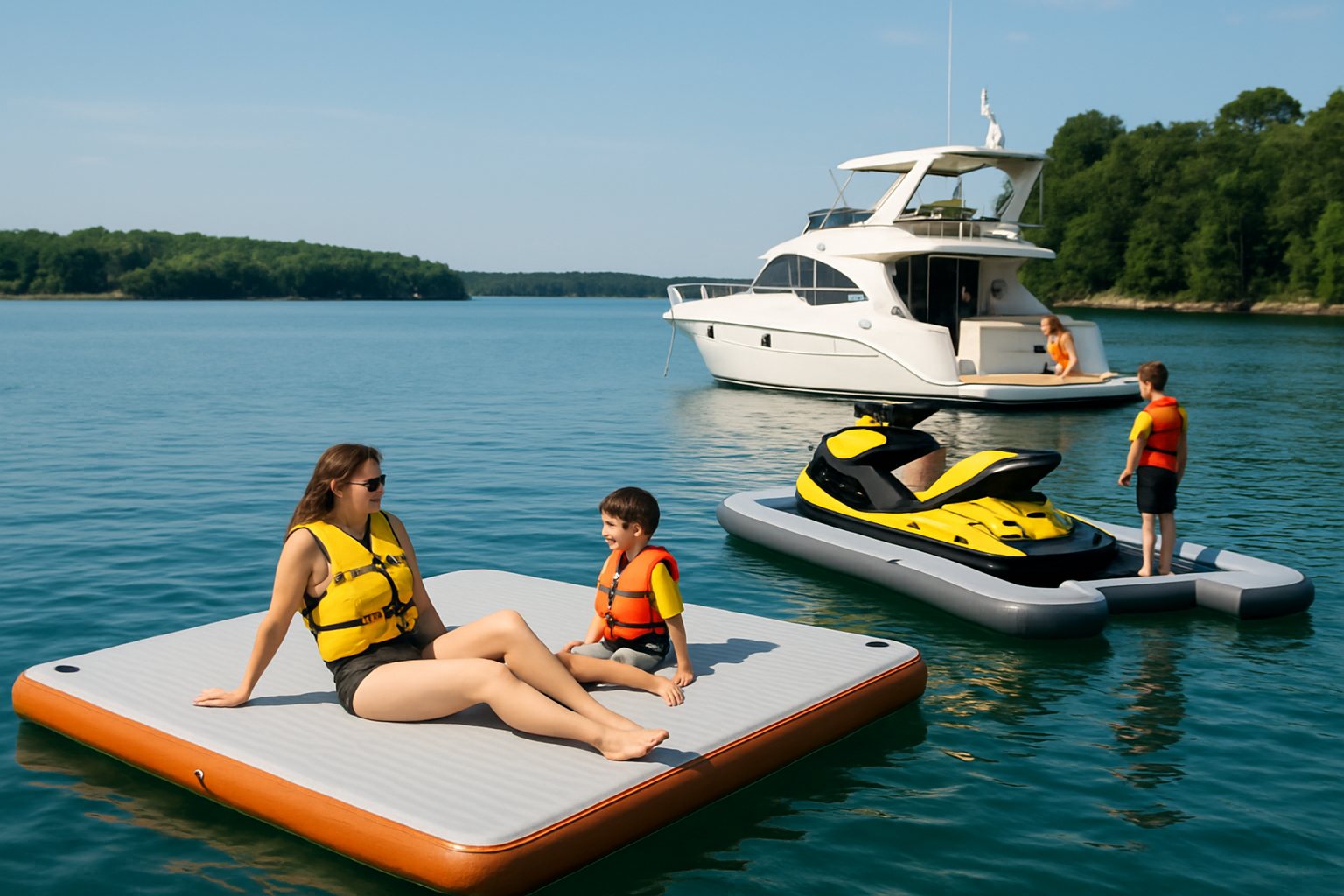 Three kinds of inflatable docks on one bay: a lake swim dock, a yacht dock and a jet ski dock