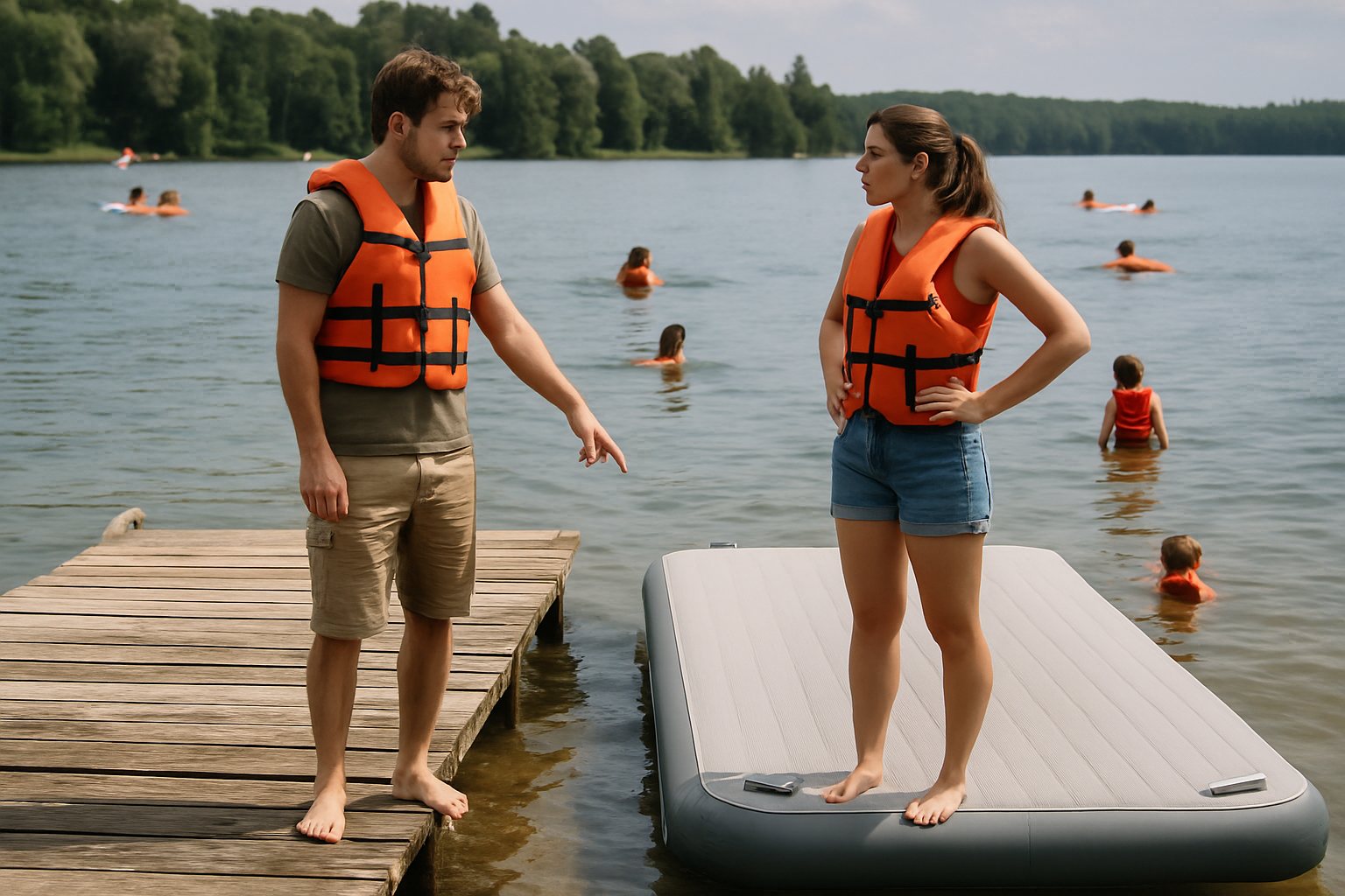 Old wooden dock next to a new inflatable dock