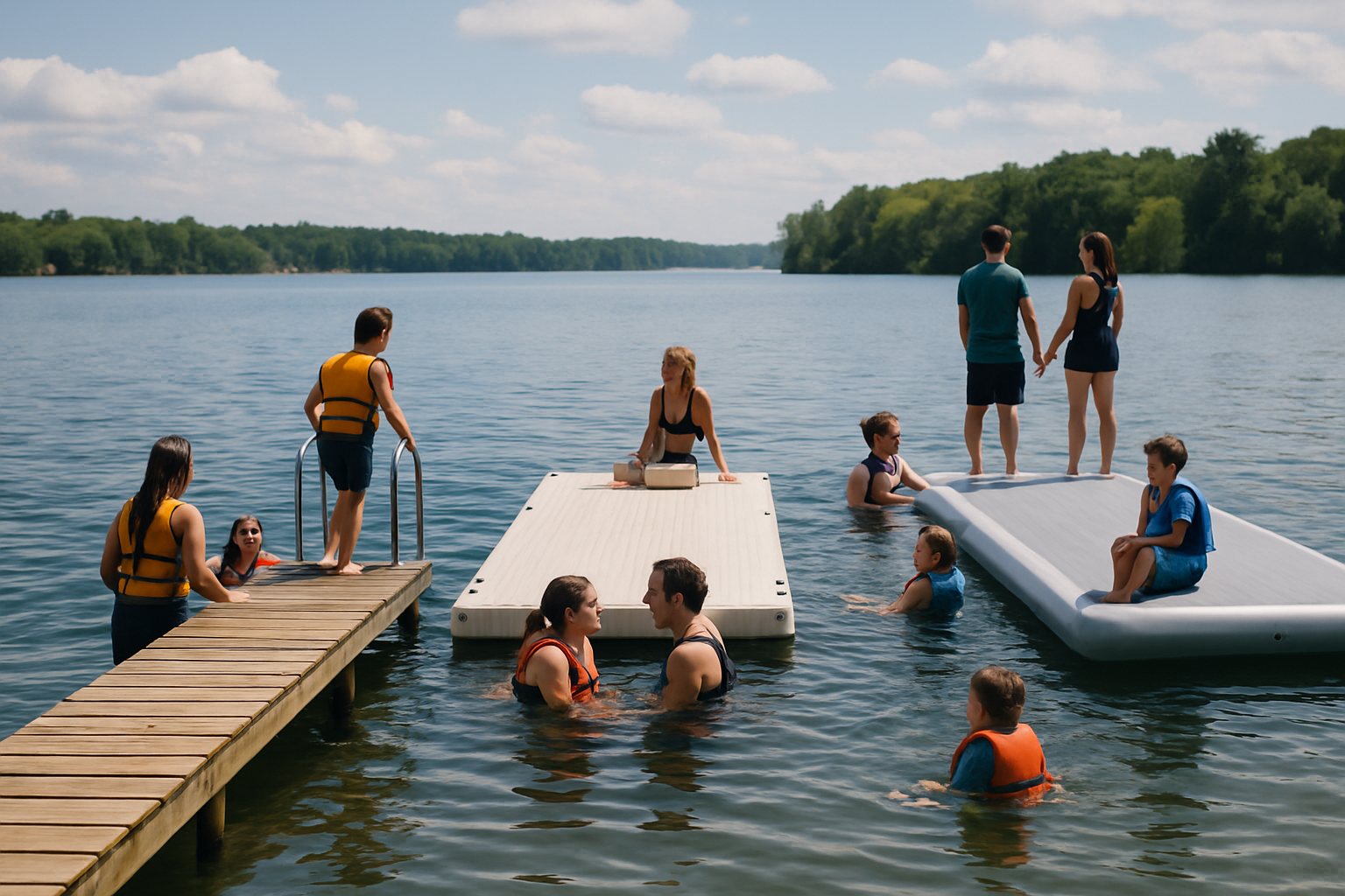 Wooden, plastic and inflatable docks side by side