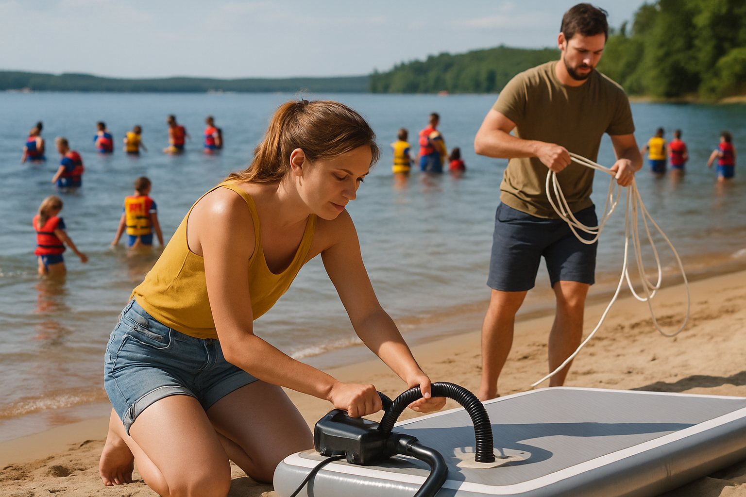 Setting up an inflatable dock on the beach