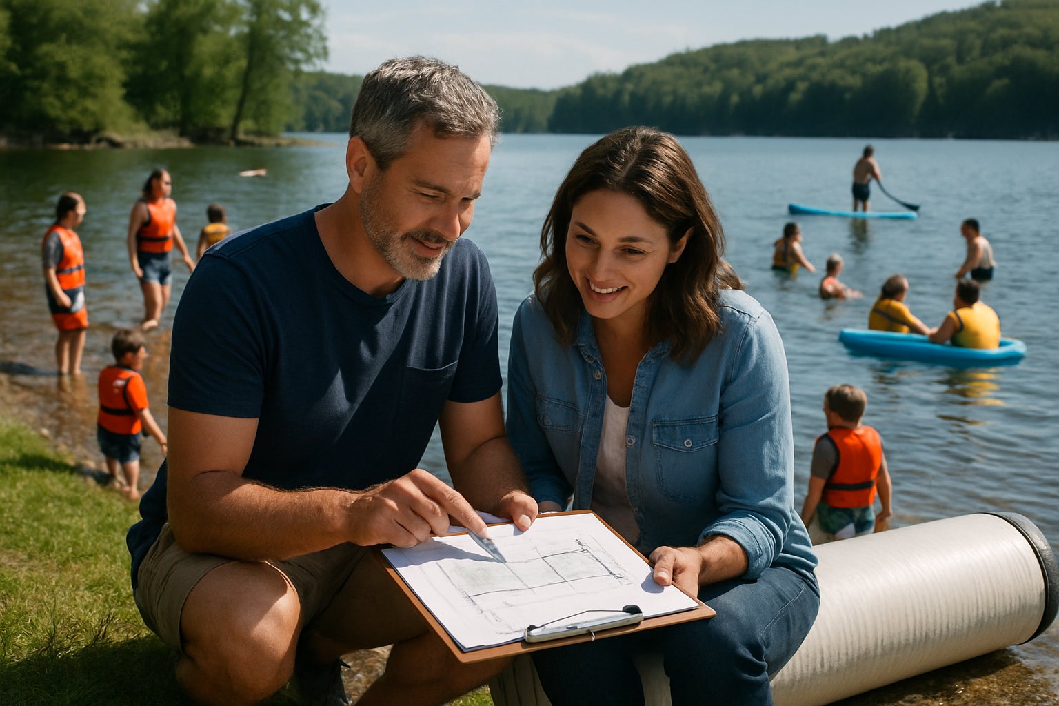 Lakefront owners reviewing dock plans at the shoreline