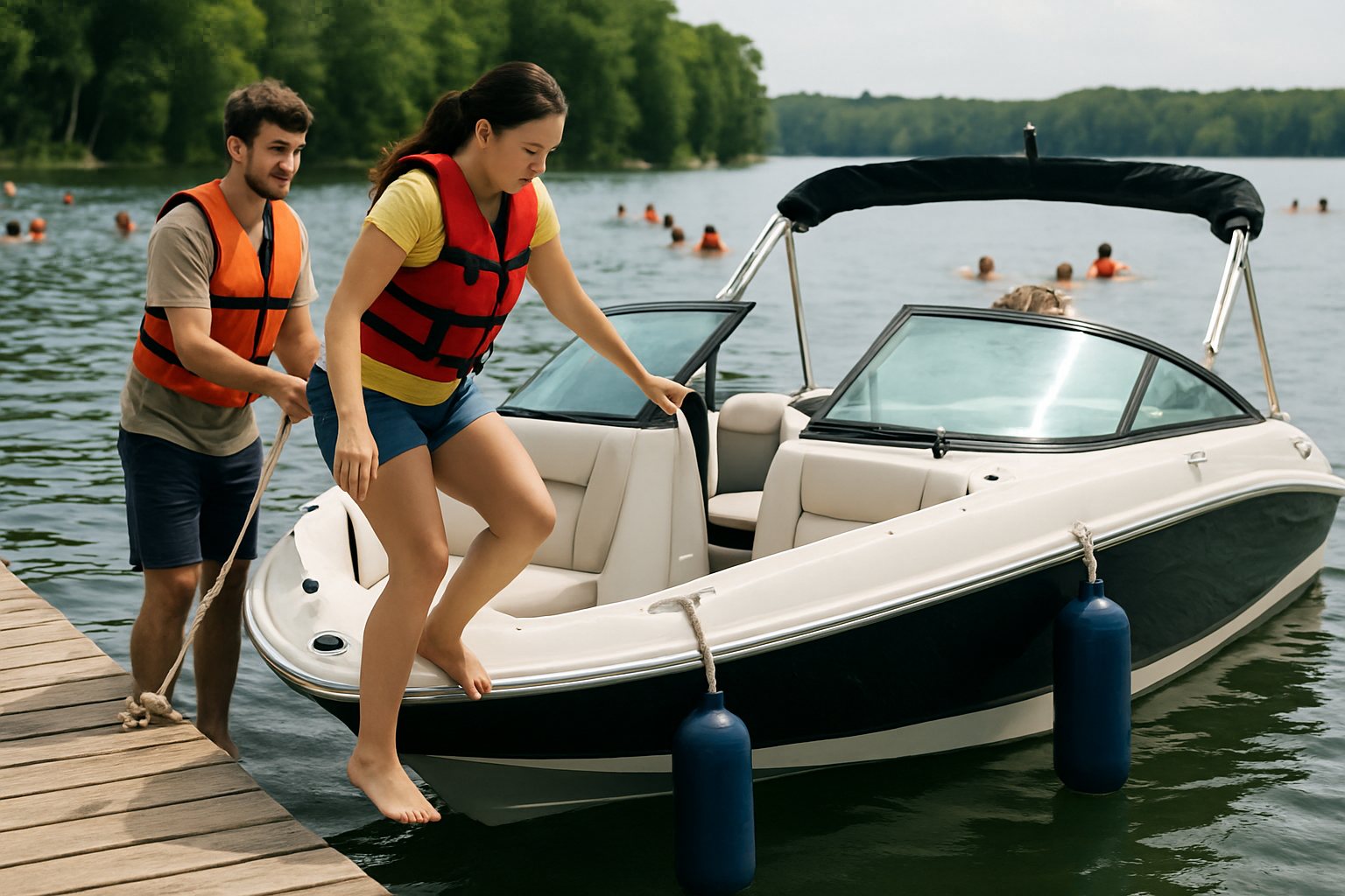Couple boarding a boat from a floating dock with lines and fenders