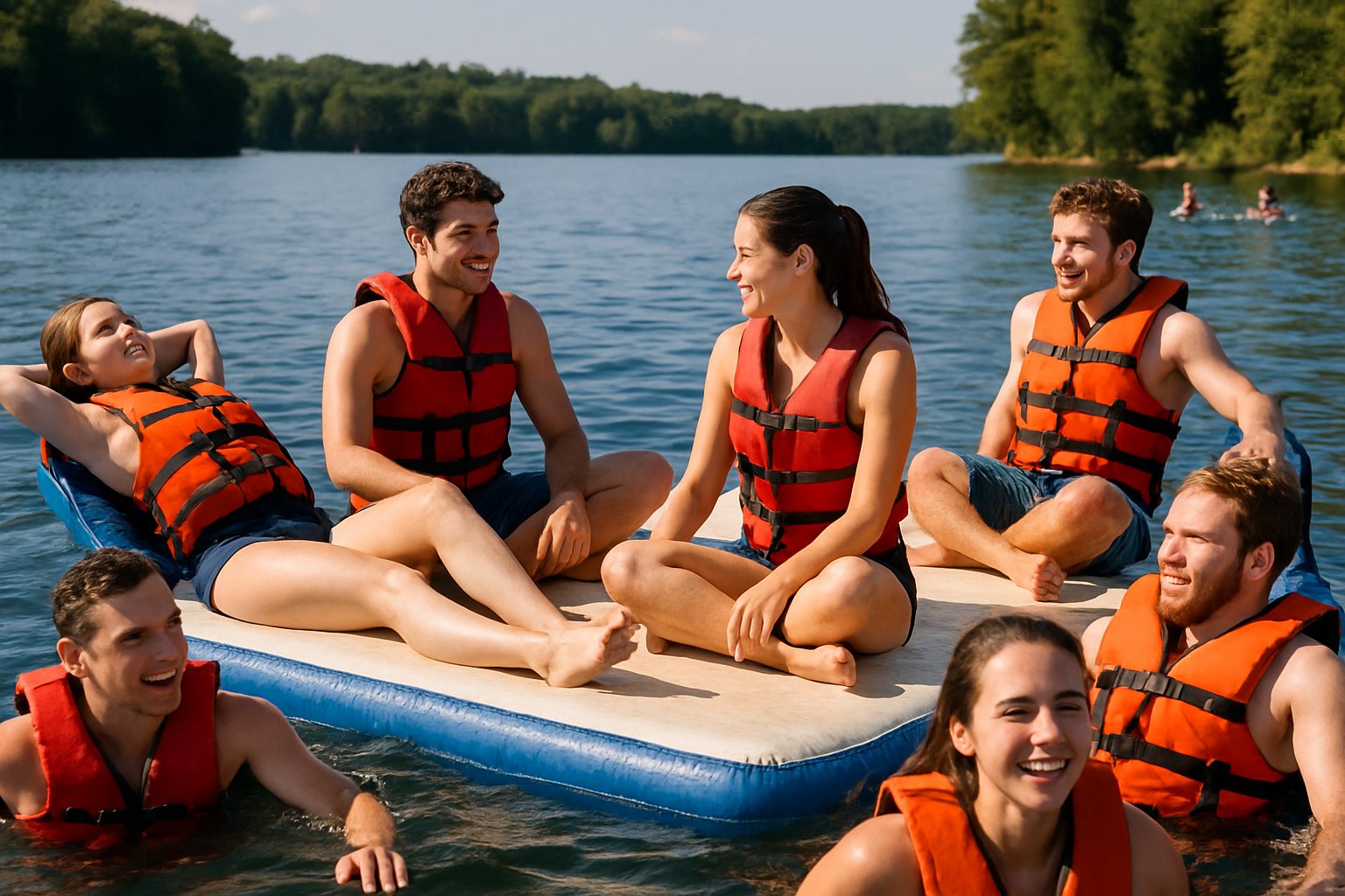 Friends lounging on an inflatable swim dock