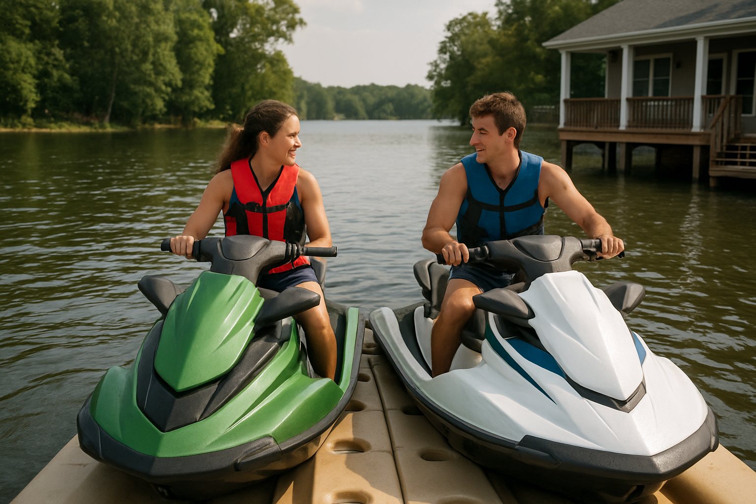 Two jet skis on a double inflatable jet ski dock beside a lake house